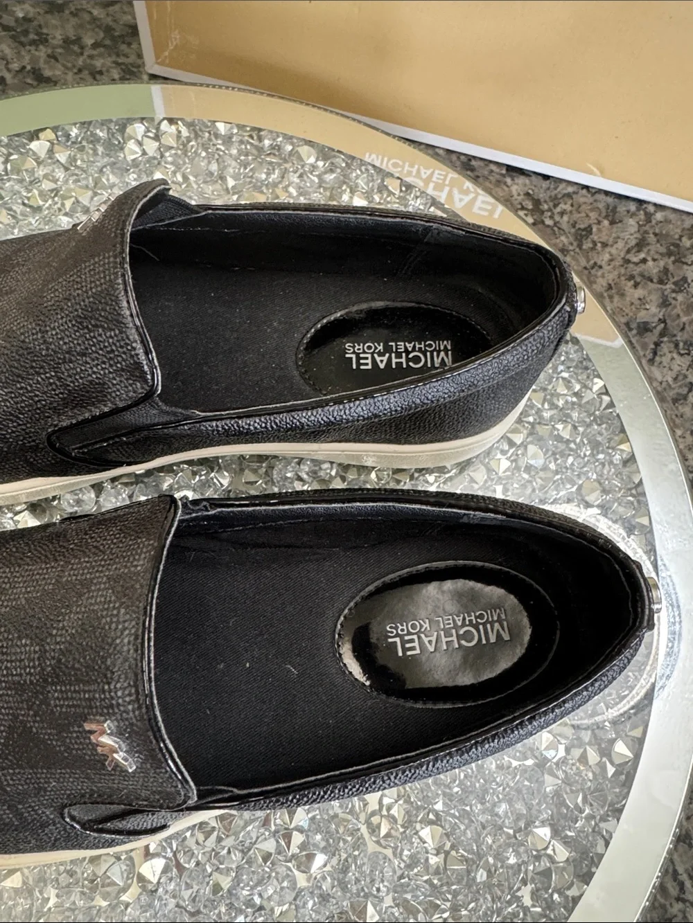 Michael Kors Black Logo-Print Slip-On Flats with White Sole